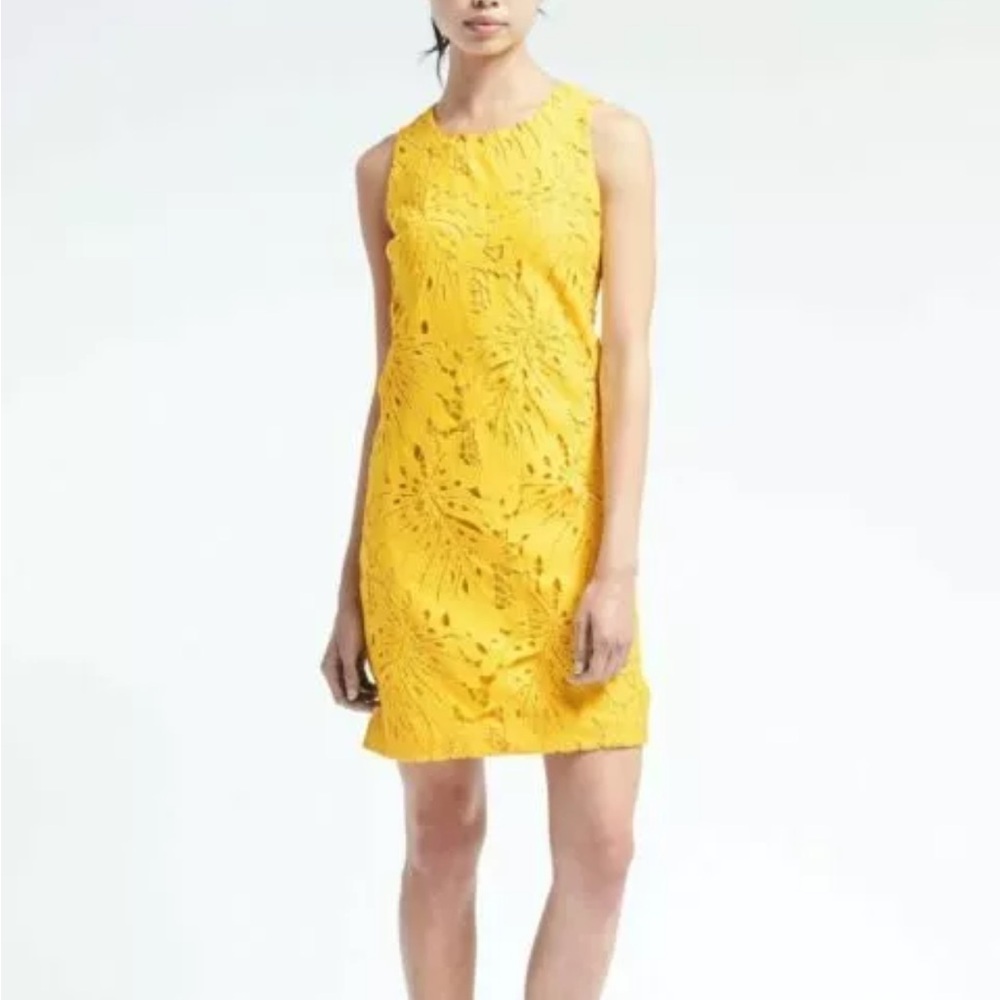 NWT Banana Republic Sleeveless Tropical Leaf Lace Shift Dress Yellow Size 14